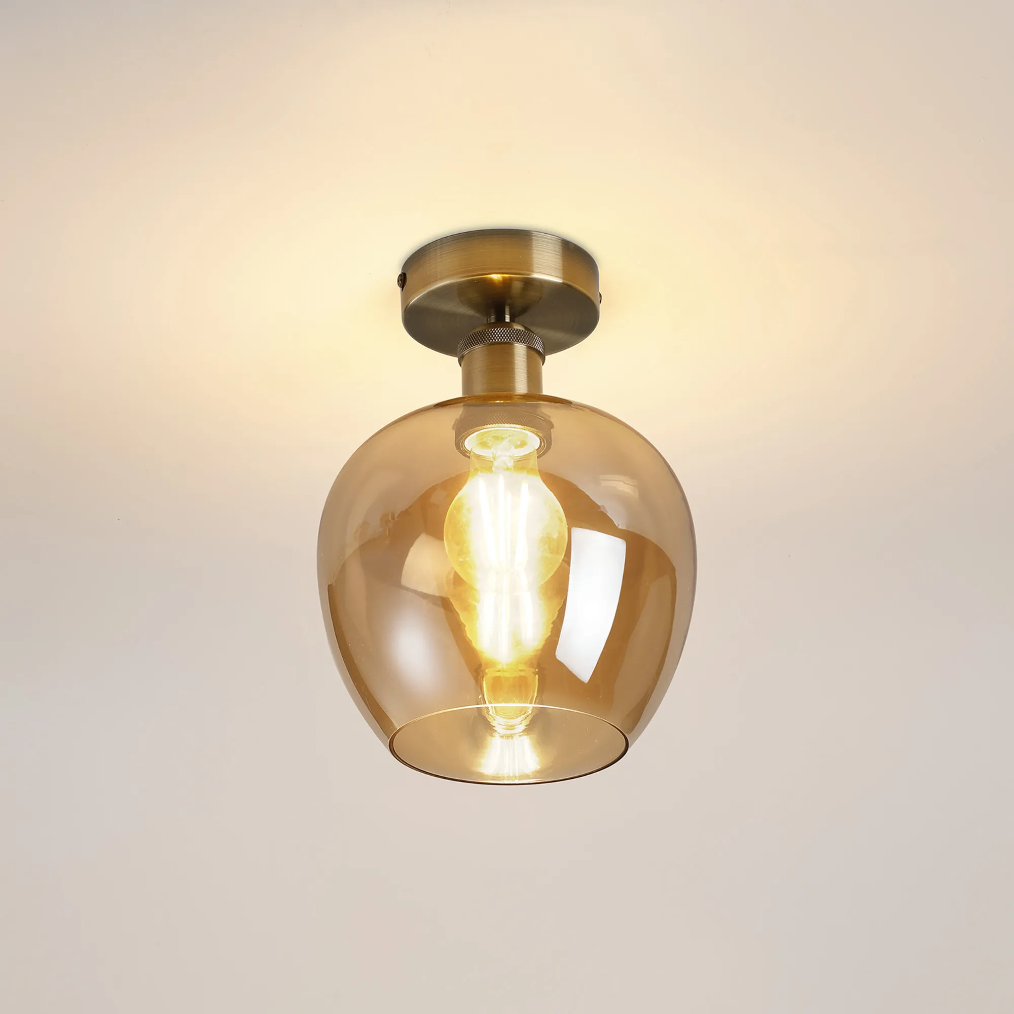 Cawdor Flush Fitting; 1 Light E27; Antique Brass/Amber Wine Glass DK1127  Deco Cawdor